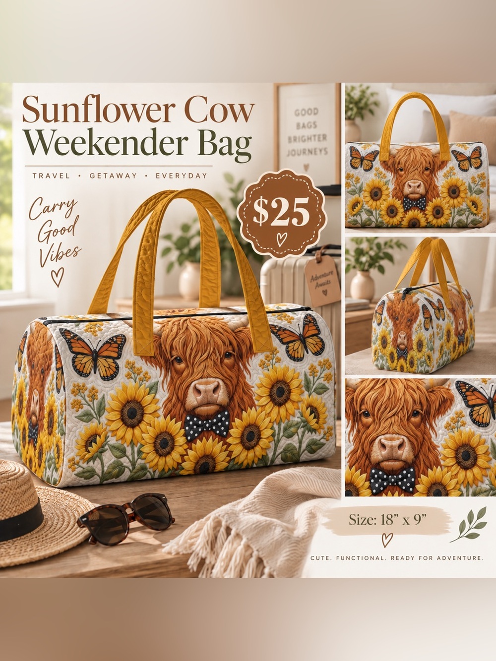 Sunflower Cow Weekender Bag – Yellow Floral Carryall